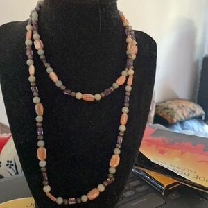36” necklace in blue &pink& purple gemstone with silver beads Vintage